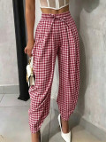 Summer Casual Plus Size Women Red Plaid Loose Tie Waist Camouflage Pants