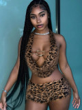 Summer Trendy Women Low Back Halter Neck Lace-Up Printed Two Piece Shorts Set
