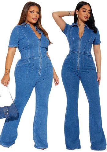 Women Slim-Fit Stretch Washed Denim Jumpsuit Wide-Leg Pants