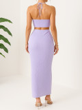 Holidays Women Crinkled Solid Halter Neck Crop Top with Slit Long Skirt Two-Piece Set