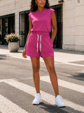 Summer Women Sleeveless Round Neck Drawstring Top with Two-Piece Shorts Set