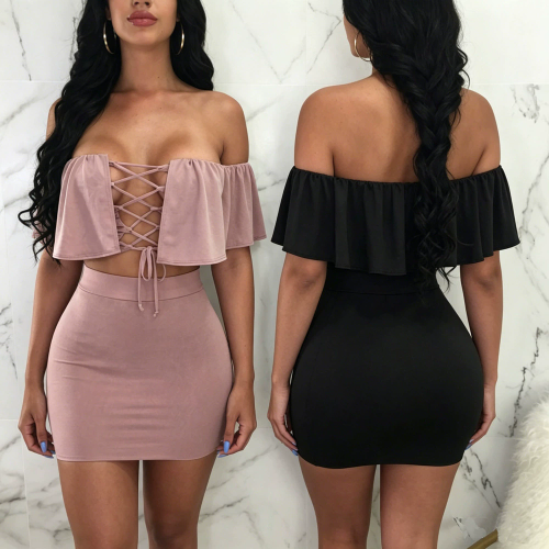 Women Solid Lace-Up Ruffle Top & Bodycon Mini Skirt Set