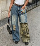 Women Trendy Camouflage Patchwork Ripped Printed Denim Pants