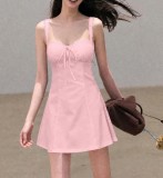 Summer Chic Women Strap Dress Slim Waist Lace-Up Low Back Dress
