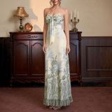 Summer Women Chic Mesh Printed Strapless Lace-Up Low Back Ruffle Edge Long Dress