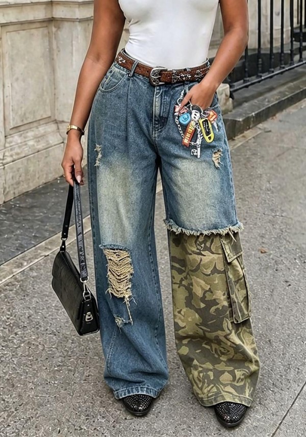 Women Trendy Camouflage Patchwork Ripped Printed Denim Pants