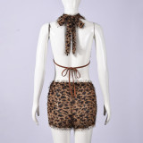 Summer Trendy Women Low Back Halter Neck Lace-Up Printed Two Piece Shorts Set