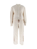 Women Color-Blocked Side Stripe Long-Sleeve Jacket with Drawstring Wide-Leg Two-Piece Pants Set