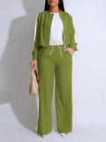 Women Color-Blocked Side Stripe Long-Sleeve Jacket with Drawstring Wide-Leg Two-Piece Pants Set