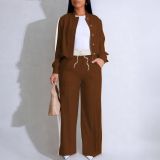 Women Color-Blocked Side Stripe Long-Sleeve Jacket with Drawstring Wide-Leg Two-Piece Pants Set