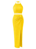 Holidays Women Crinkled Solid Halter Neck Crop Top with Slit Long Skirt Two-Piece Set