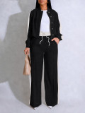 Women Color-Blocked Side Stripe Long-Sleeve Jacket with Drawstring Wide-Leg Two-Piece Pants Set