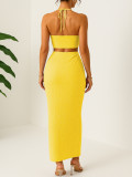 Holidays Women Crinkled Solid Halter Neck Crop Top with Slit Long Skirt Two-Piece Set