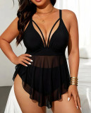 Plus Size Women Deep V Mesh Dress Two-Piece Set Bikini Swimwear