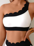 Women One-Shoulder Two-Piece Set Black-White Contrast Lace High-Waist Bikini
