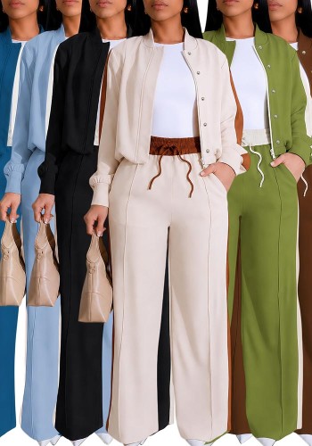 Women Color-Blocked Side Stripe Long-Sleeve Jacket with Drawstring Wide-Leg Two-Piece Pants Set