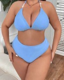 Plus Size Women Halter Low Back Solid High-Waist Bikini Two-Piece Set