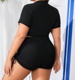 Plus Size Women Drawstring Ribbed Square Leg Two Piece Beach Swimsuit