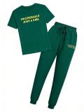 Women Sexy Solid Round Neck Letter Print Short Sleeve Two-Piece Pants Set