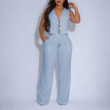 Women Solid Sleeveless V-Neck Tie Front Top with Drawstring Wide-Leg Two-Piece Pants Set