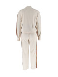 Women Color-Blocked Side Stripe Long-Sleeve Jacket with Drawstring Wide-Leg Two-Piece Pants Set
