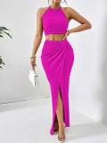 Holidays Women Crinkled Solid Halter Neck Crop Top with Slit Long Skirt Two-Piece Set