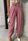Summer Casual Plus Size Women Red Plaid Loose Tie Waist Camouflage Pants