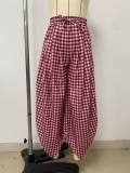 Summer Casual Plus Size Women Red Plaid Loose Tie Waist Camouflage Pants