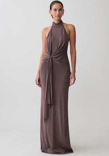 Women Fashion Halter Neck Knitting Bodycon Low Back Slim-Slit Dress