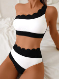 Women One-Shoulder Two-Piece Set Black-White Contrast Lace High-Waist Bikini