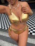 Plus Size Women Shiny Metal Lace-Up Bikini Two-Piece Set