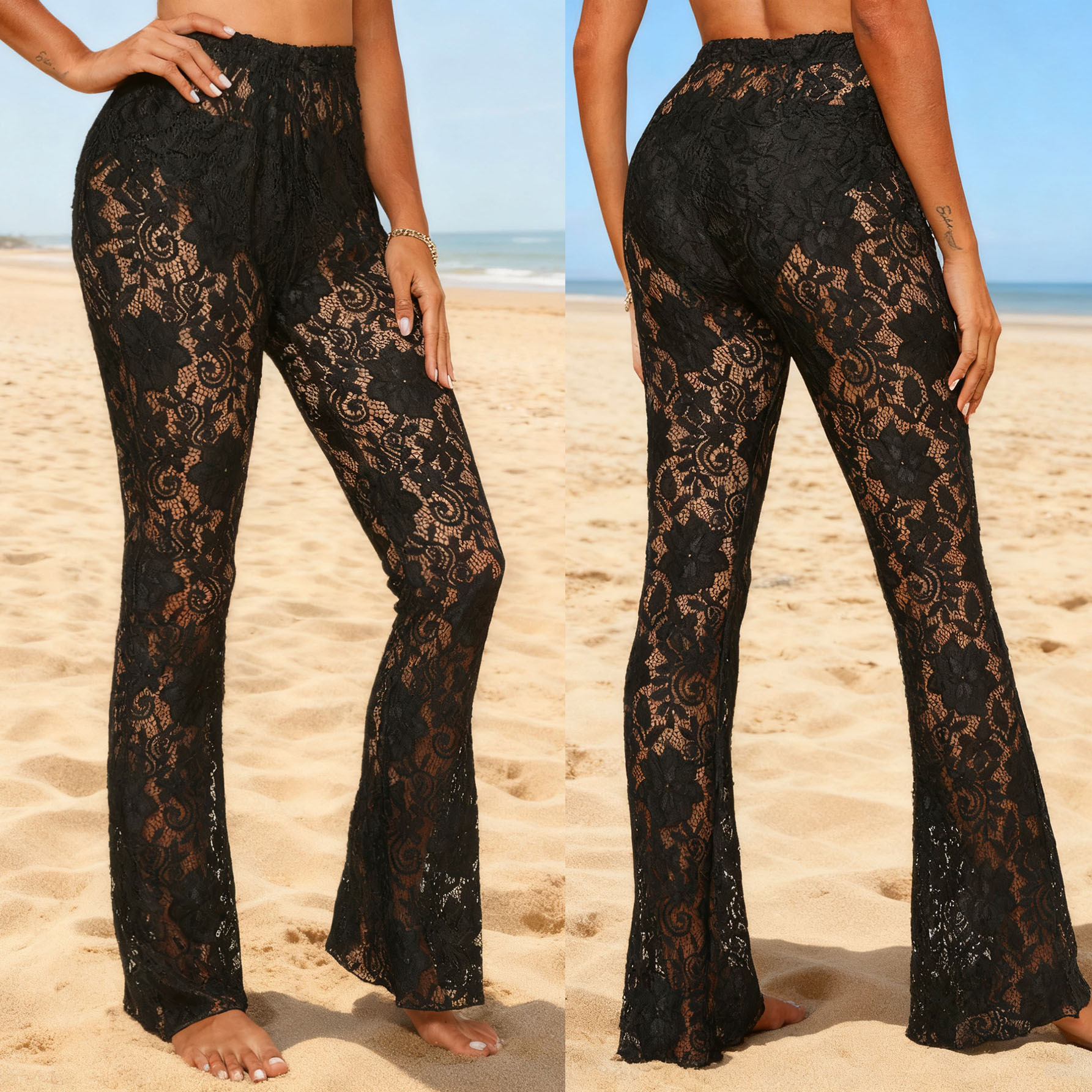 Lace See-Through Bell Bottom Pants for Beachwear