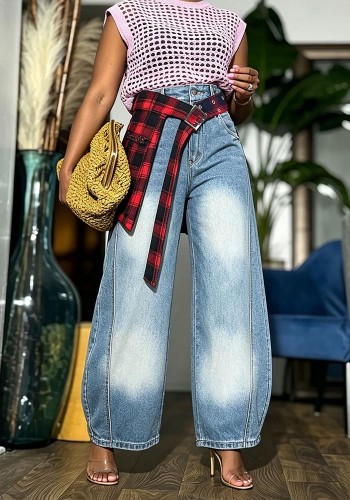 Women Street Fashion Plaid Blade Washed Denim Pants