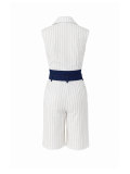 Summer Career Women Striped Sleeveless Blazer Color-Block Waist Belt Two-Piece Shorts Set
