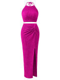 Holidays Women Crinkled Solid Halter Neck Crop Top with Slit Long Skirt Two-Piece Set