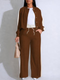Women Color-Blocked Side Stripe Long-Sleeve Jacket with Drawstring Wide-Leg Two-Piece Pants Set