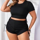 Plus Size Women Drawstring Ribbed Square Leg Two Piece Beach Swimsuit