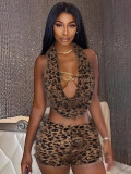 Summer Trendy Women Low Back Halter Neck Lace-Up Printed Two Piece Shorts Set