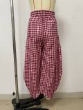 Summer Casual Plus Size Women Red Plaid Loose Tie Waist Camouflage Pants