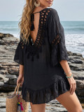 Women Crochet Patchwork Ruffle Three-Quarter Sleeve Irregular Beach Dress Cover-Up