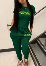Women Sexy Solid Round Neck Letter Print Short Sleeve Two-Piece Pants Set Women Sexy Solid Round Neck Letter Print Short Sleeve Two-Piece Pants Set