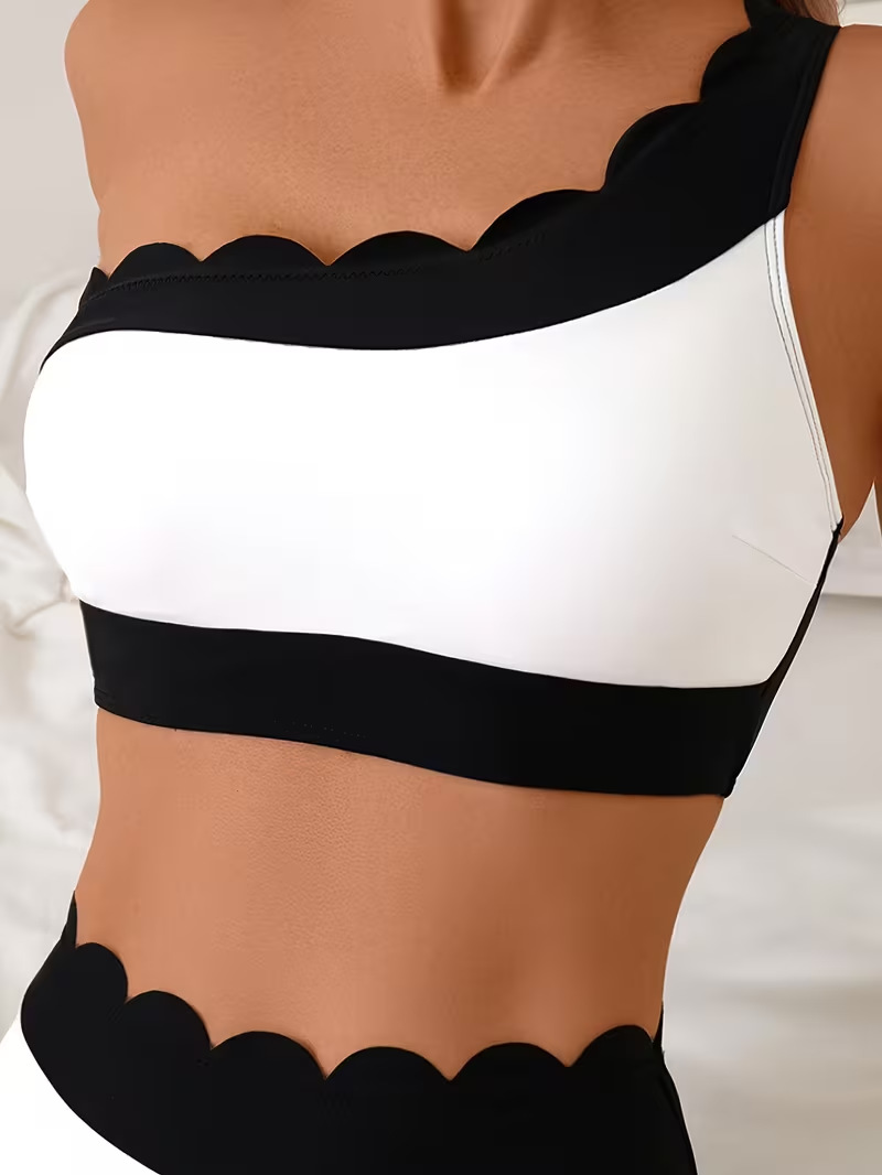 Black & White Contrast Lace One-Shoulder High-Waist Two-Piece Bikini