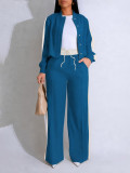 Women Color-Blocked Side Stripe Long-Sleeve Jacket with Drawstring Wide-Leg Two-Piece Pants Set