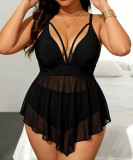 Plus Size Women Deep V Mesh Dress Two-Piece Set Bikini Swimwear