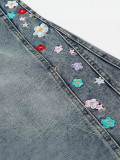 Women Fashion Washed Floral Embroidered Denim Pants