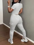 Women Sexy Solid Round Neck Short Sleeve Bell Bottom Two-Piece Pants Set