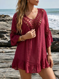 Women Crochet Patchwork Ruffle Three-Quarter Sleeve Irregular Beach Dress Cover-Up