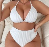 Plus Size Women Halter Low Back Solid High-Waist Bikini Two-Piece Set