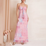 Summer Women Chic Mesh Printed Strapless Lace-Up Low Back Ruffle Edge Long Dress