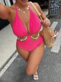 Plus Size Women High-Waist Cut-Out Shell Chain Low Back One-Piece Swimsuit